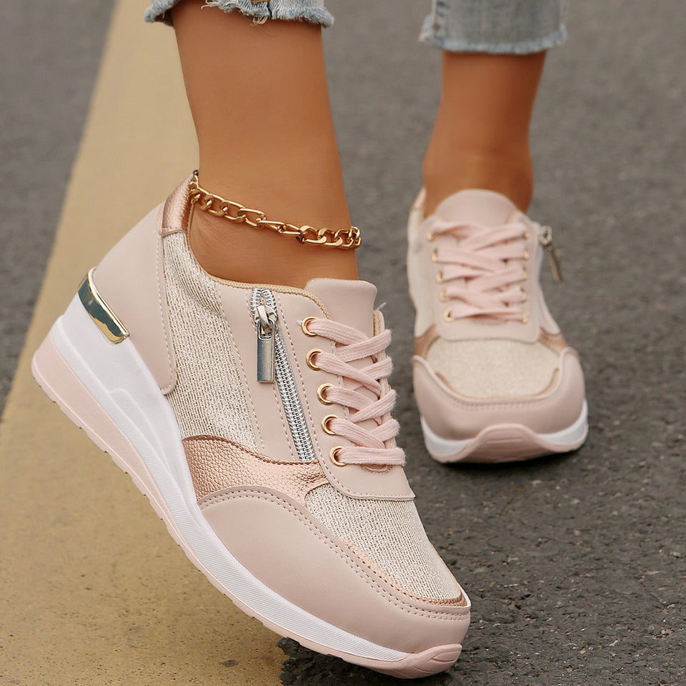 Women's Lace-up Casual Shoes Fashion Side Zipper Design Thick-soled Shoes Walking Running Sports Sneakers