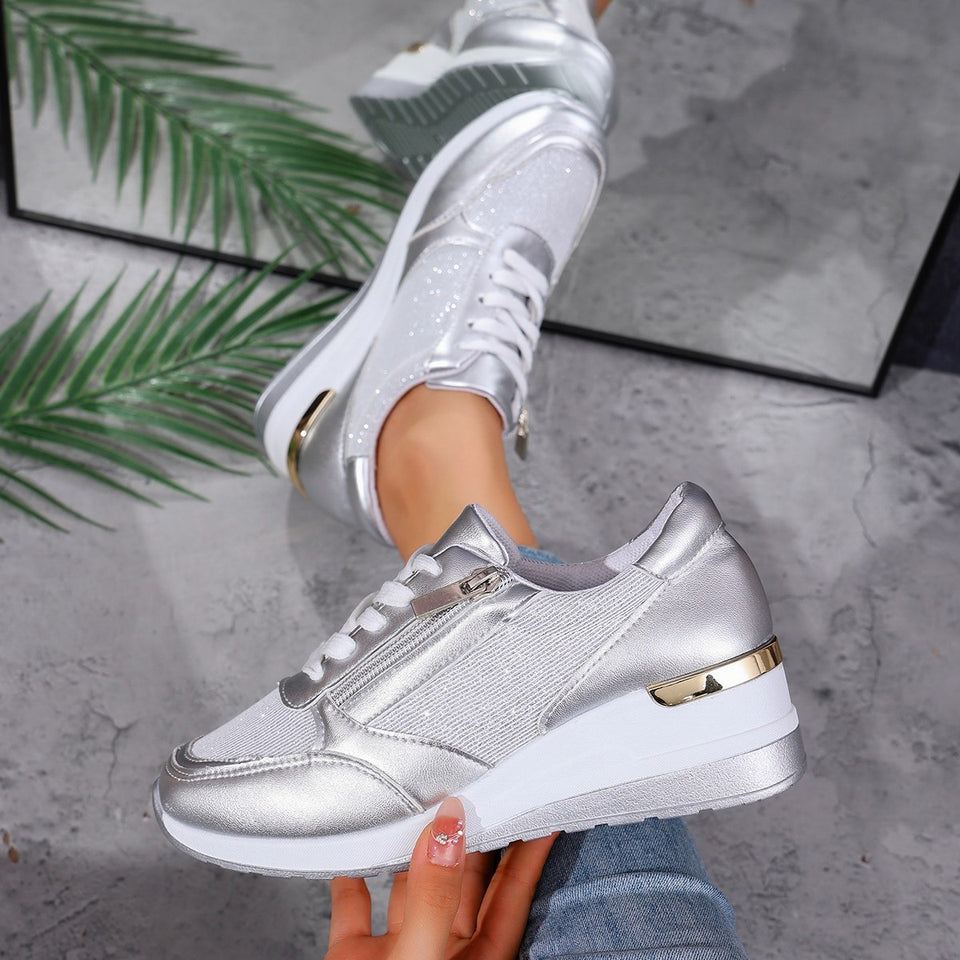 Women's Lace-up Casual Shoes Fashion Side Zipper Design Thick-soled Shoes Walking Running Sports Sneakers