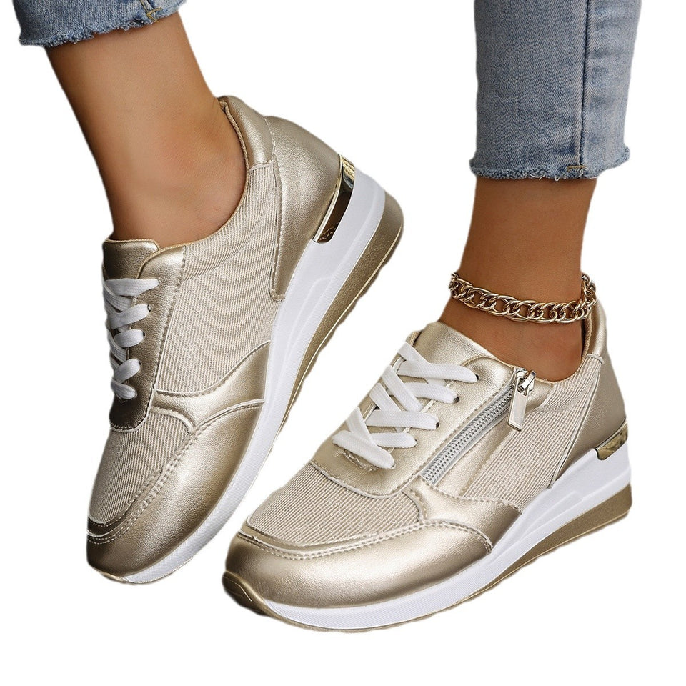 Women's Lace-up Casual Shoes Fashion Side Zipper Design Thick-soled Shoes Walking Running Sports Sneakers
