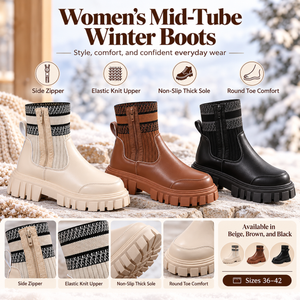 Fashion Mid-tube Boots With Zipper Design Non-slip Thick Sole Elastic Knitted Patchwork Boots For Women Round Toe Shoes Winter