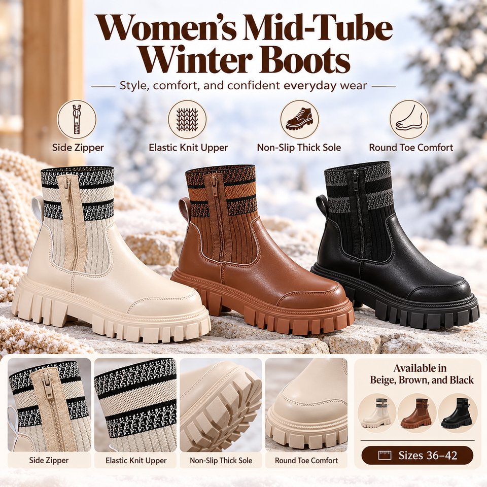 Fashion Mid-tube Boots With Zipper Design Non-slip Thick Sole Elastic Knitted Patchwork Boots For Women Round Toe Shoes Winter
