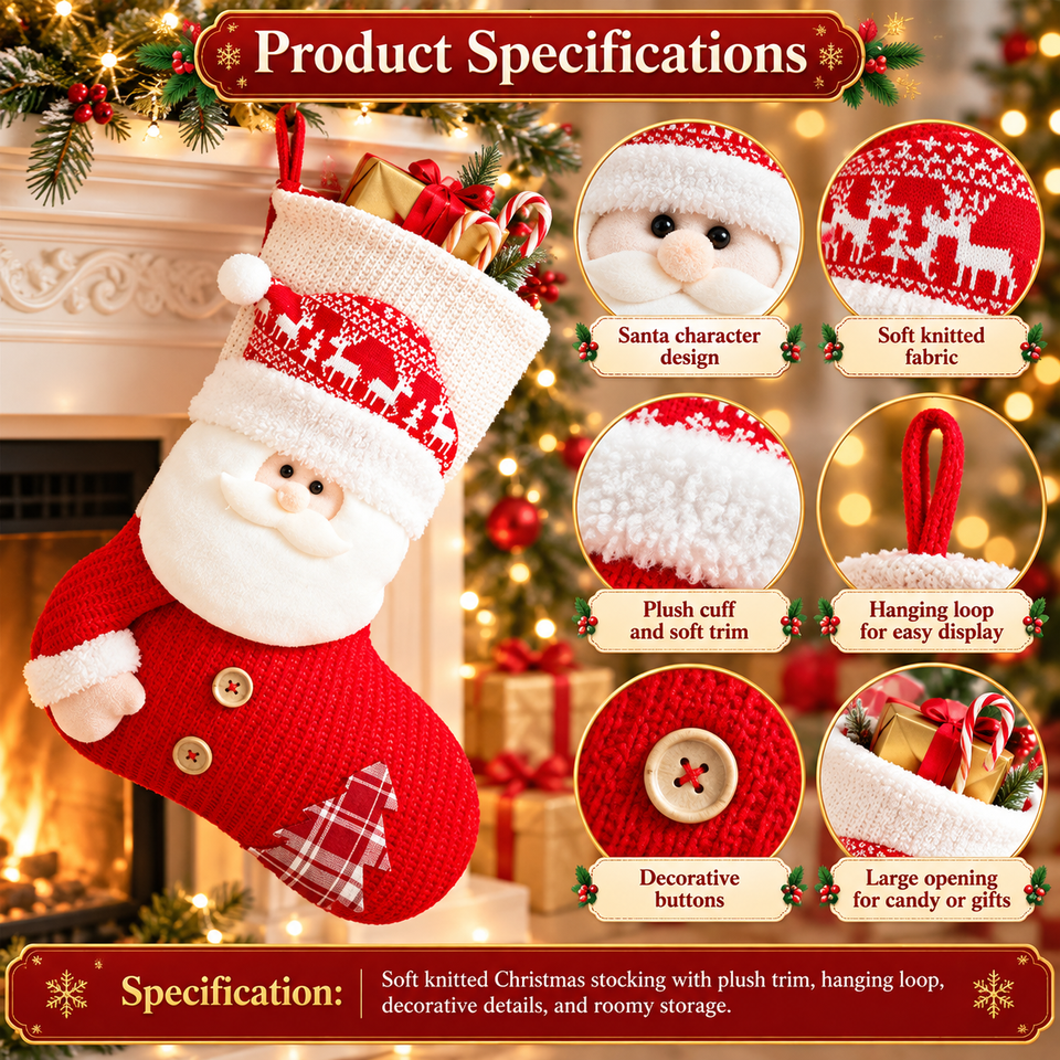 Large Red White Knitted Christmas Stocking Santa Claus Fireplace Decor Socks Xmas Gift Bags Candy Holder Decor For Home
