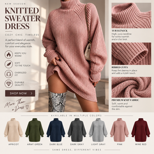 Solid Turtleneck Long Sweater Winter Warm Women Sweater Dress