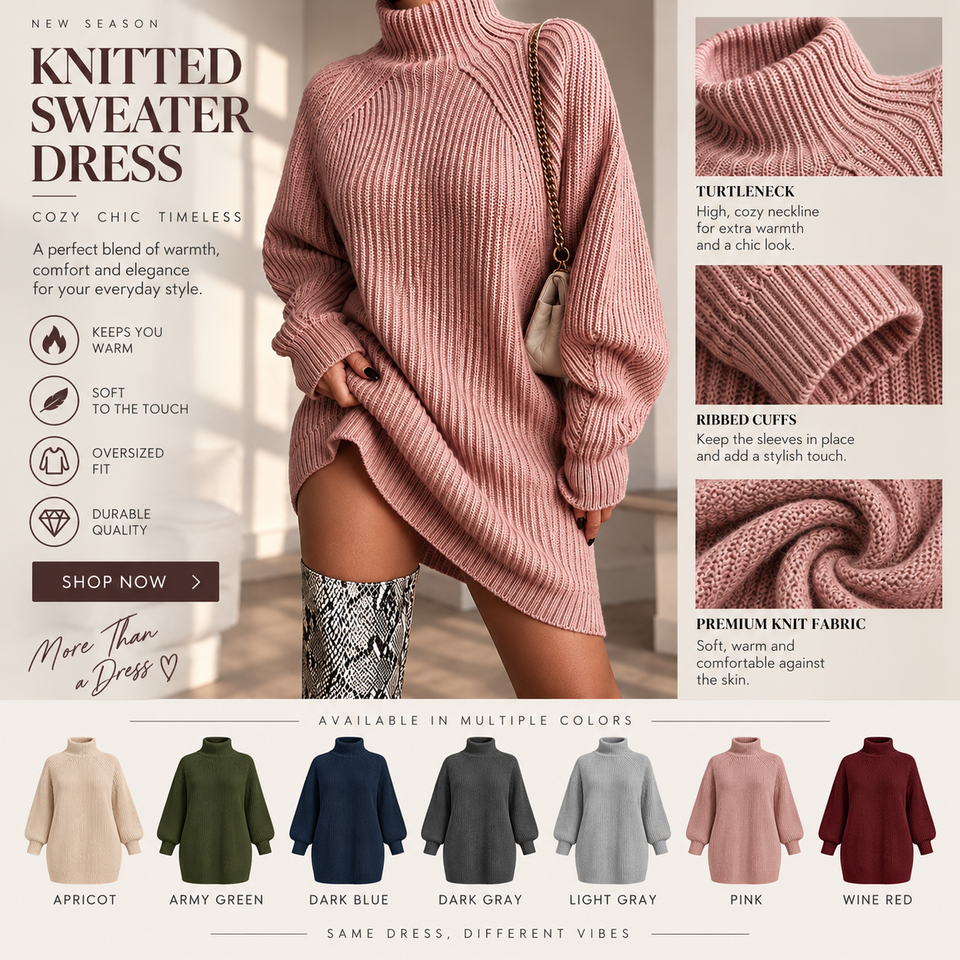 Solid Turtleneck Long Sweater Winter Warm Women Sweater Dress