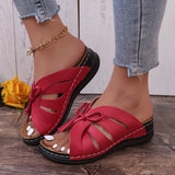 Plus Size Hollow-out Bow Flat Wedge Slippers