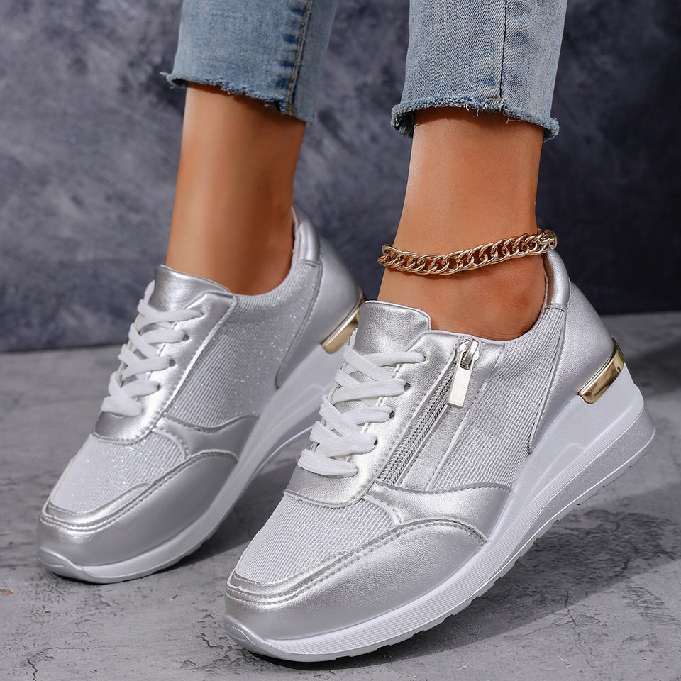 Women's Lace-up Casual Shoes Fashion Side Zipper Design Thick-soled Shoes Walking Running Sports Sneakers